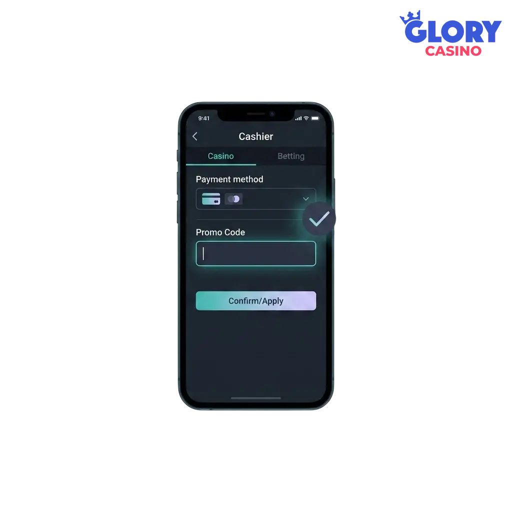 Glory Casino mobile app promo code activation on Android