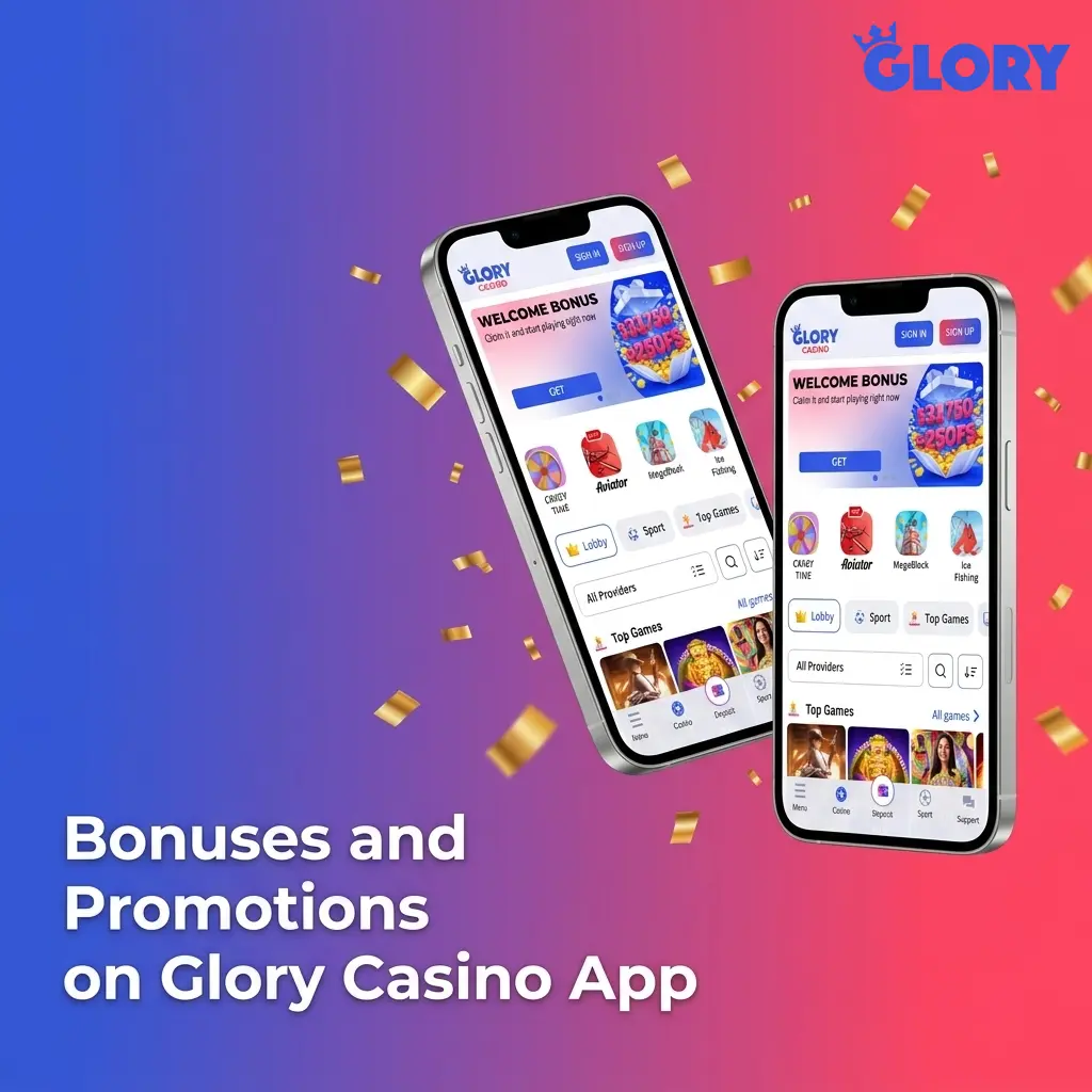 Glory Casino app bonuses showing 125% welcome match up to 33,750 BDT plus 250 Free Spins for new players
