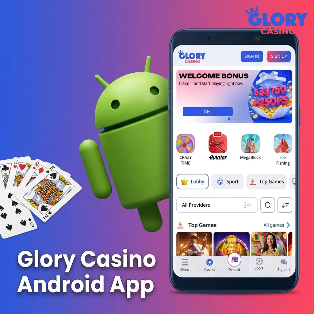 Glory Casino Android APK download and installation steps on a smartphone running Android 5.0 or higher