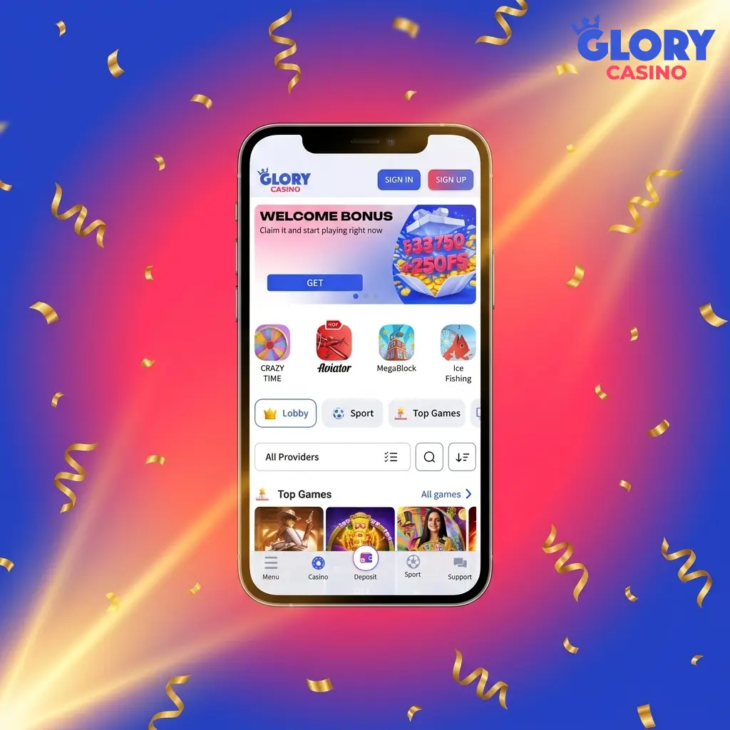 Glory Casino app download screen for Android, iOS, and Windows with 125% welcome bonus and 250 free spins offer