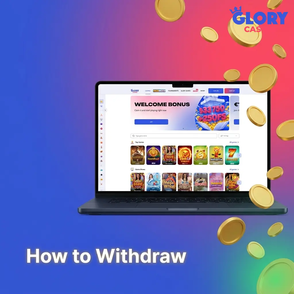 Glory Casino withdrawal process showing cashier section with bKash Nagad and Upay payment method options