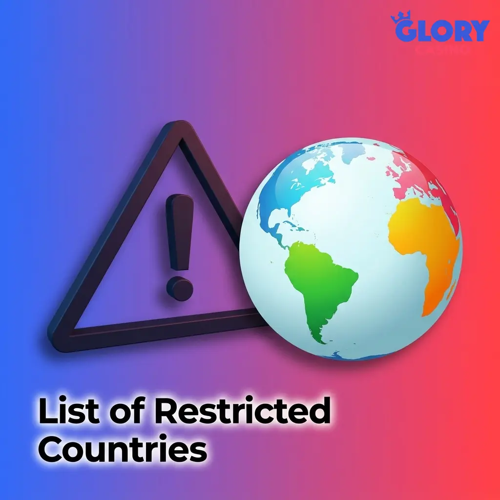 Map or list showing countries restricted from Glory Casino registration including USA, UK, Australia, and several European nations