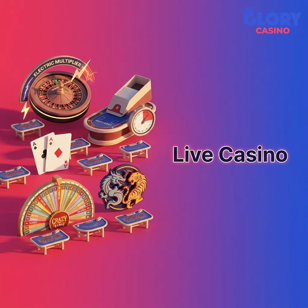 Live casino table games with real dealers at Glory Casino including Lightning Roulette, Crazy Time, and Andar Bahar in BDT