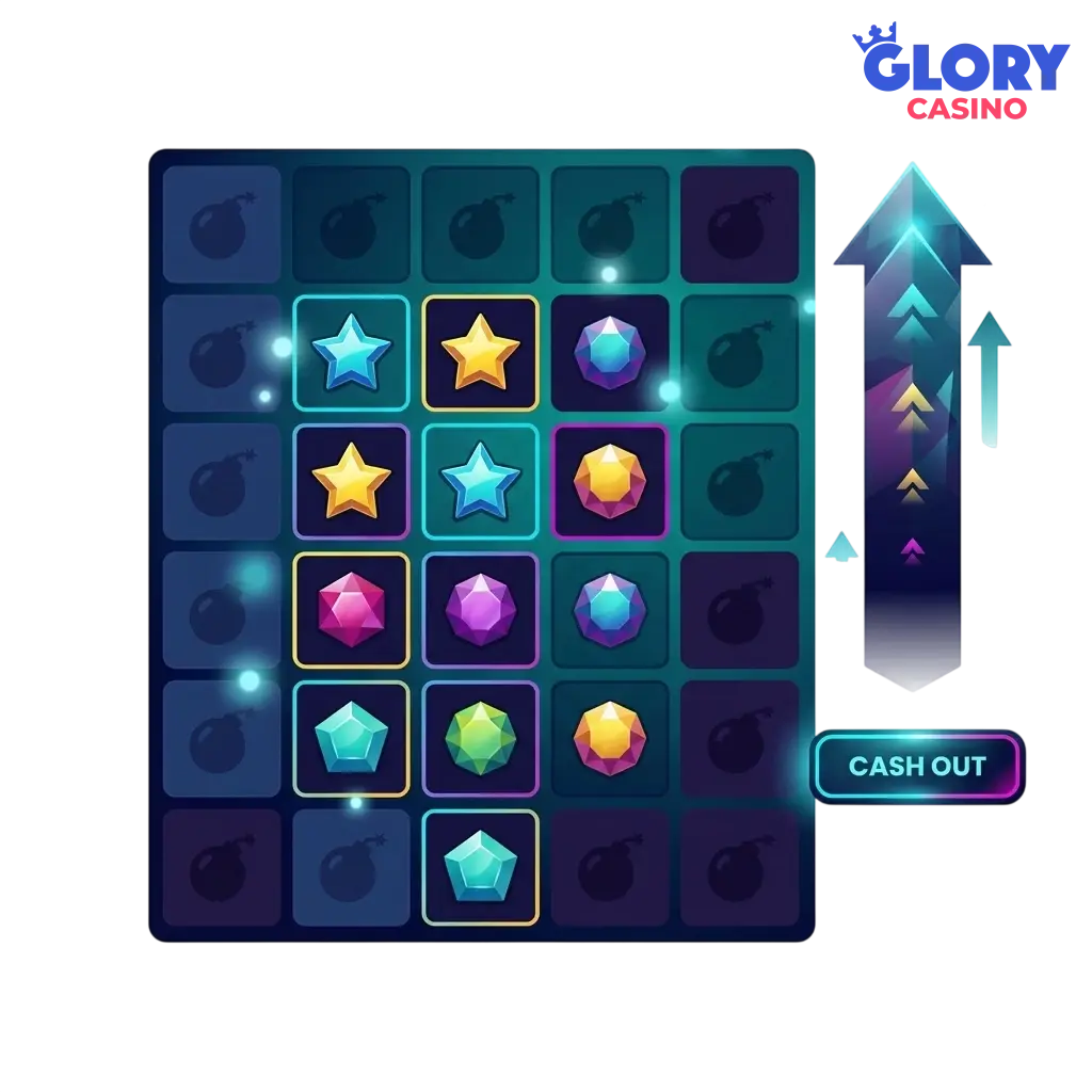 Glory Casino Mines grid-based game with covered tiles and multiplier