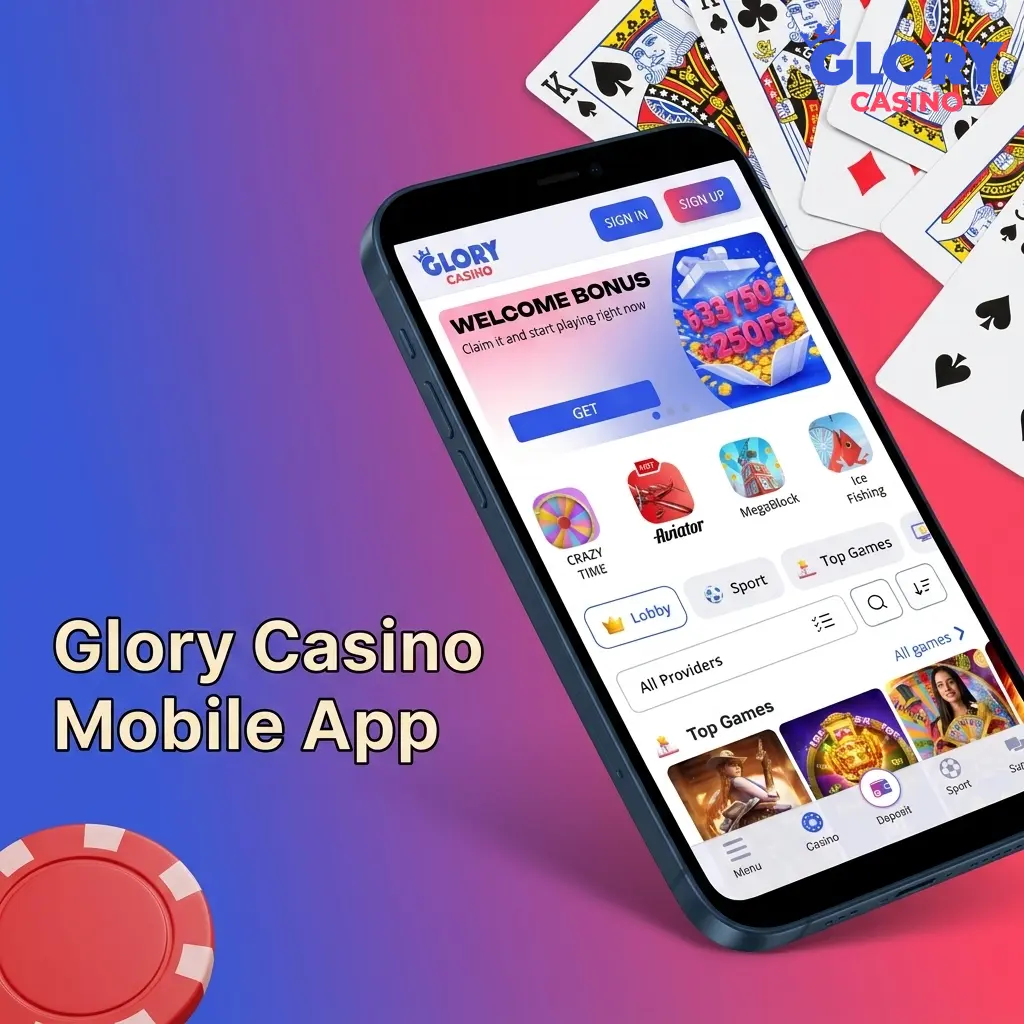 Glory Casino mobile app interface on Android and iOS devices showing casino games and sportsbook features