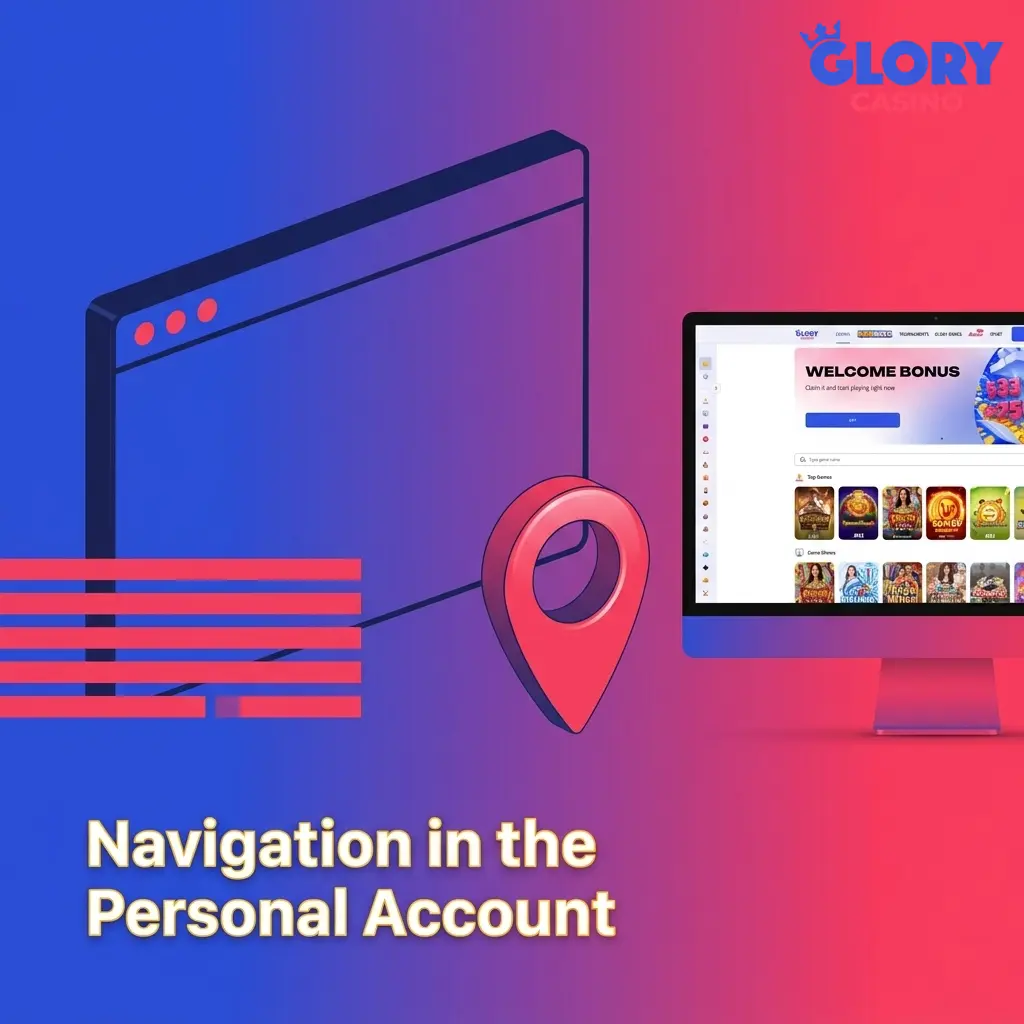 Glory Casino personal account navigation panel showing deposit, withdrawal, bonus, and settings options in dropdown menu