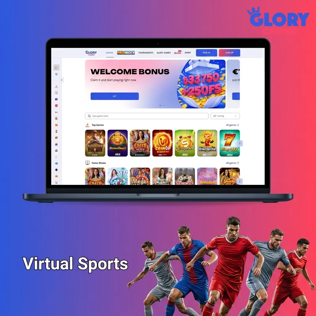 Virtual sports lobby on Glory Casino featuring football, basketball, tennis, horse racing, and more powered by Kiron and Sportradar