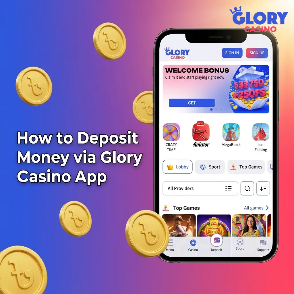 Glory Casino app deposit screen showing bKash, Nagad Fast, and Upay mobile banking options in BDT for Bangladesh players