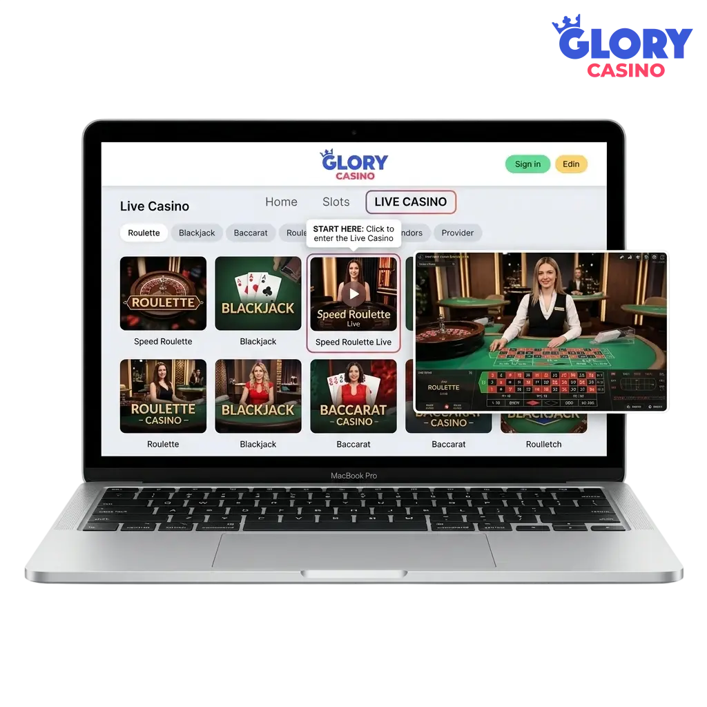 Glory Casino live casino lobby on desktop and mobile interface