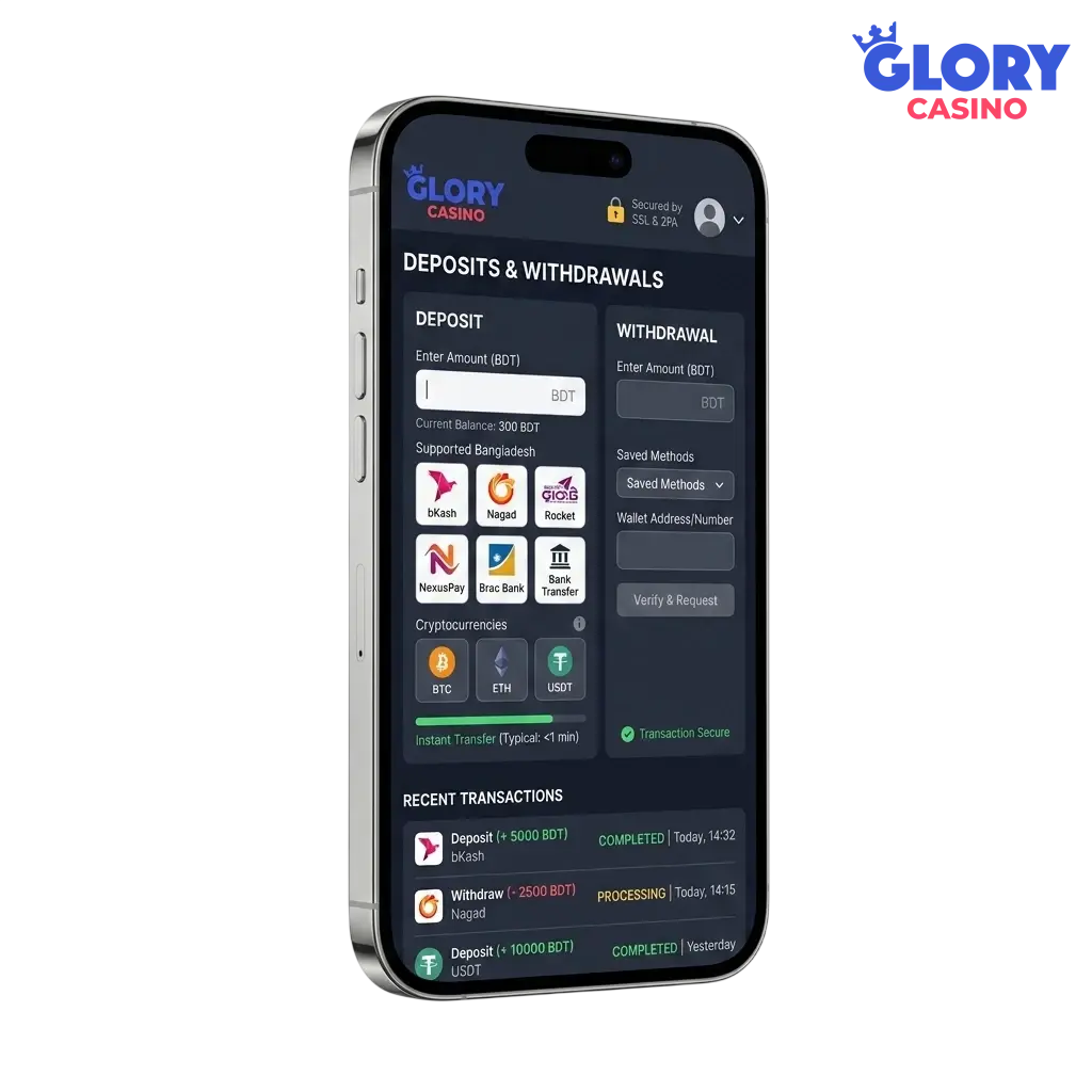 Deposit and withdrawal payment methods at Glory Casino Bangladesh
