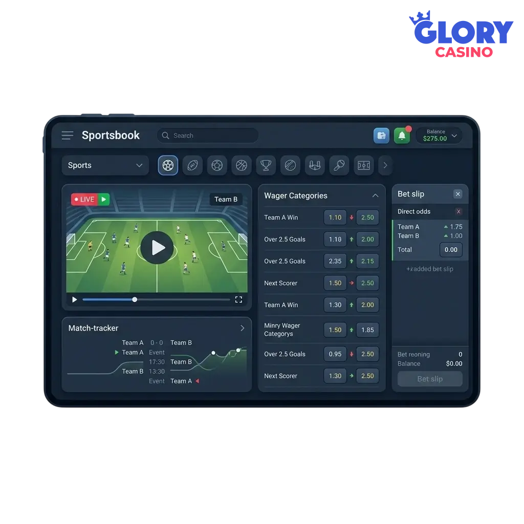 Live match streaming and match tracker at Glory Casino