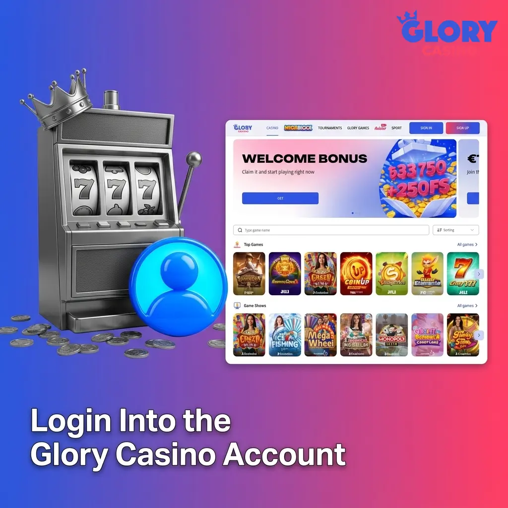 Glory Casino login page with secure sign-in form, email and password fields, and social login options for returning players