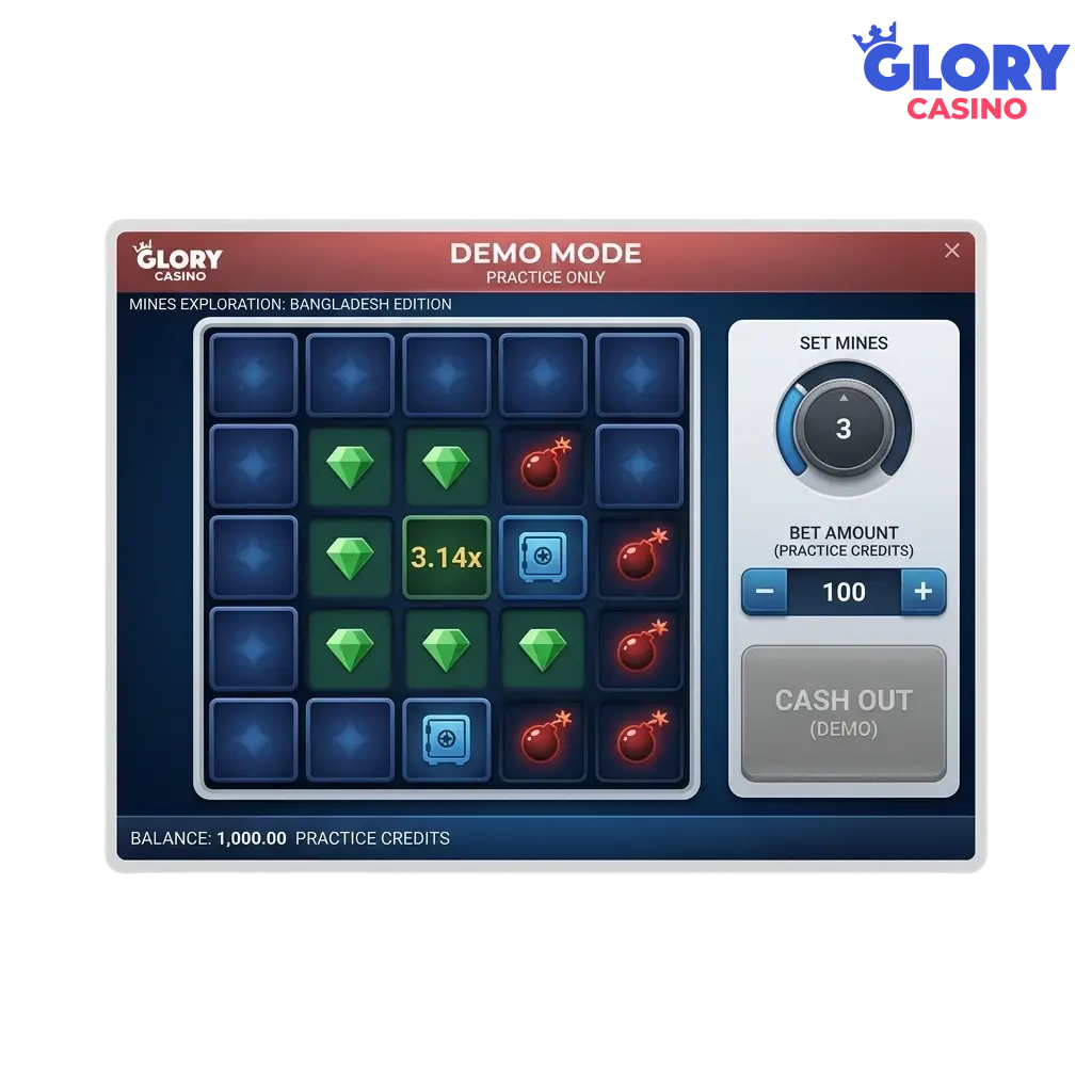 Mines demo mode interface at Glory Casino