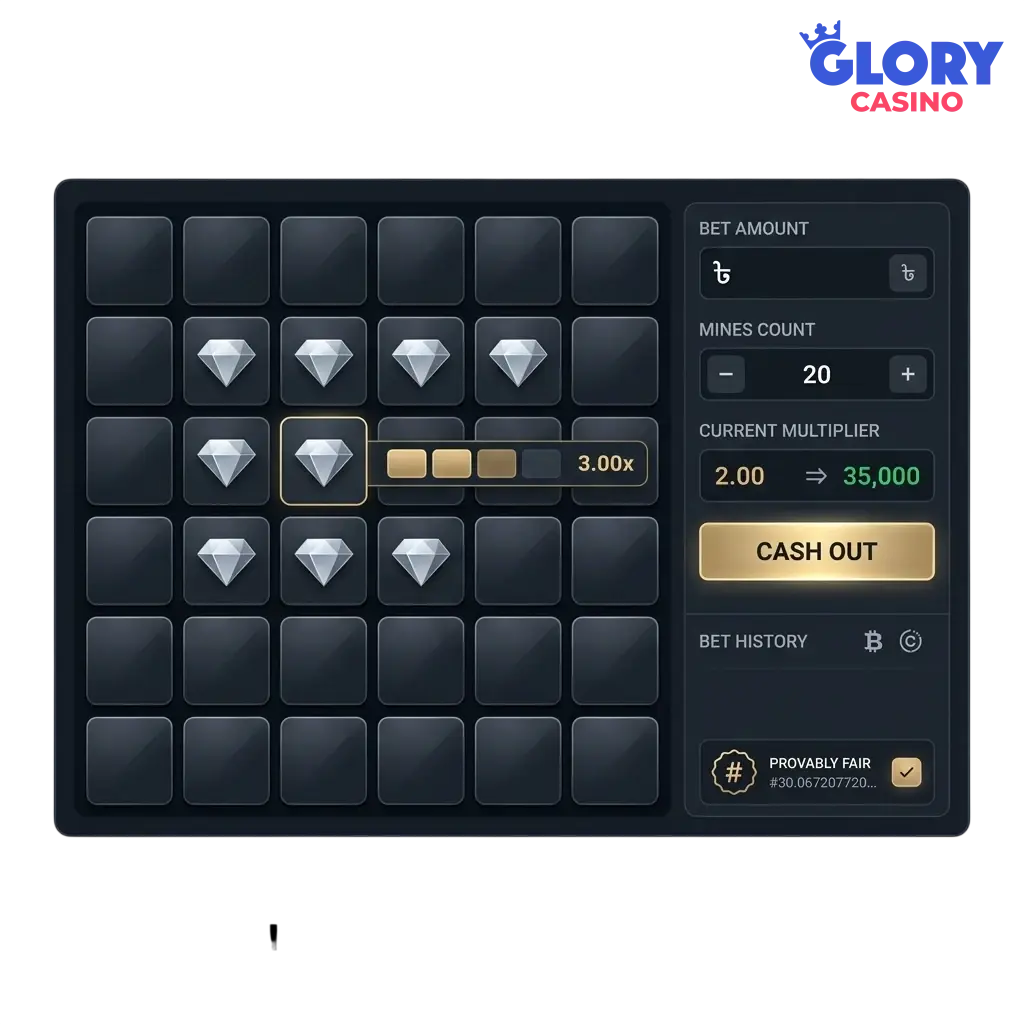 Mines game grid with gems and tiles at Glory Casino