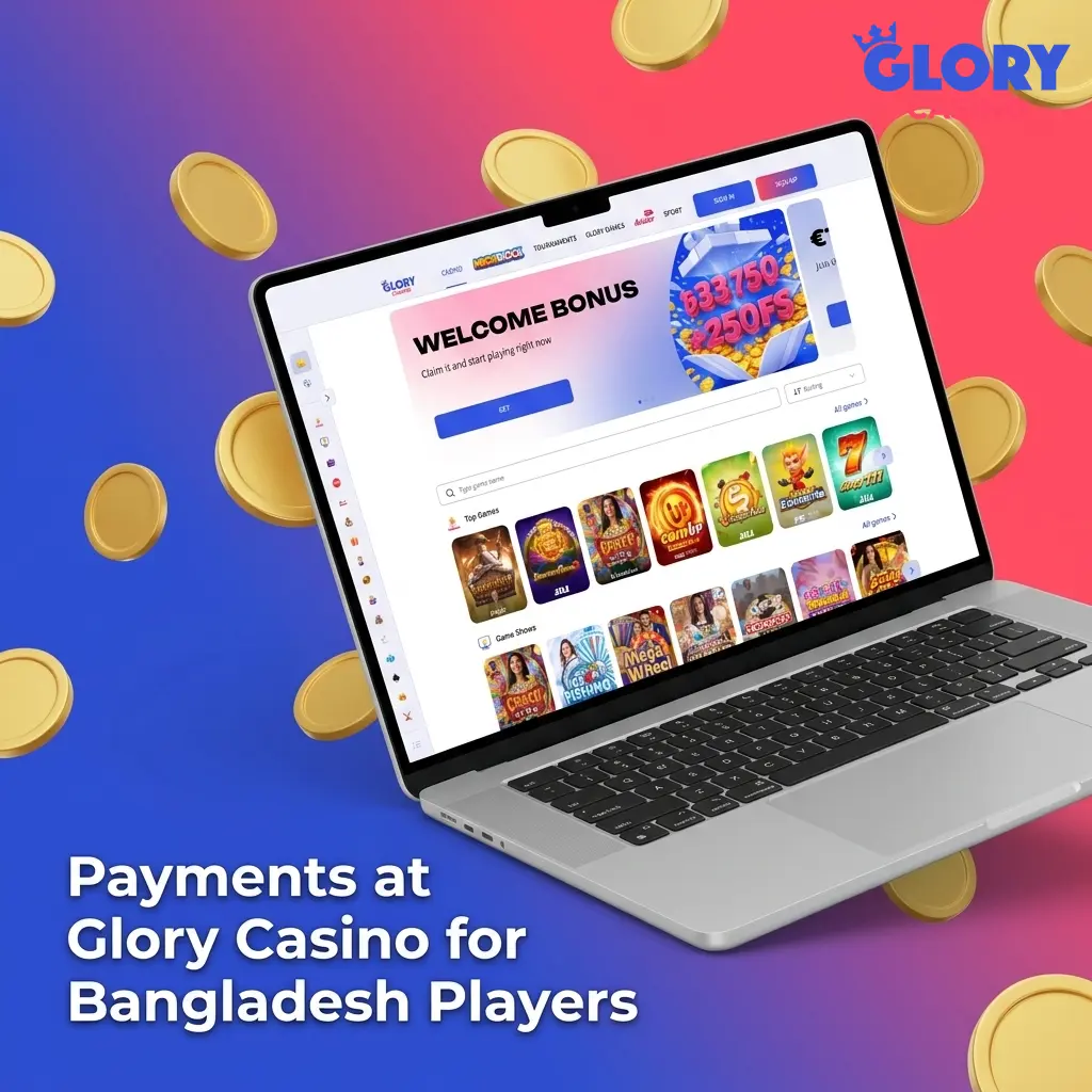 Glory Casino Bangladesh payment methods table showing BKash, Nagad, and Upay deposit and withdrawal limits in BDT