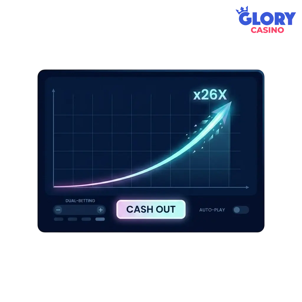 Aviator crash game plane ascending with multiplier display at Glory Casino