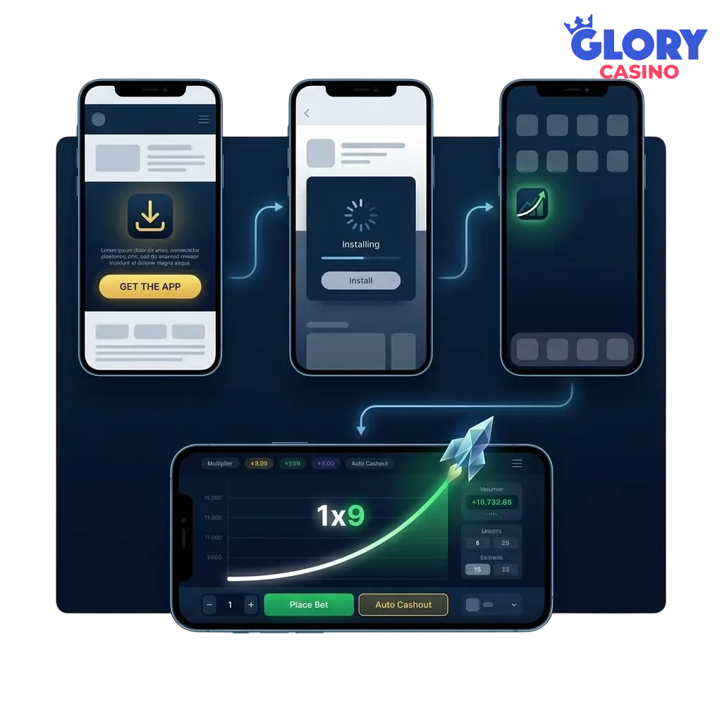 Glory Casino mobile app running JetX on Android and iOS devices