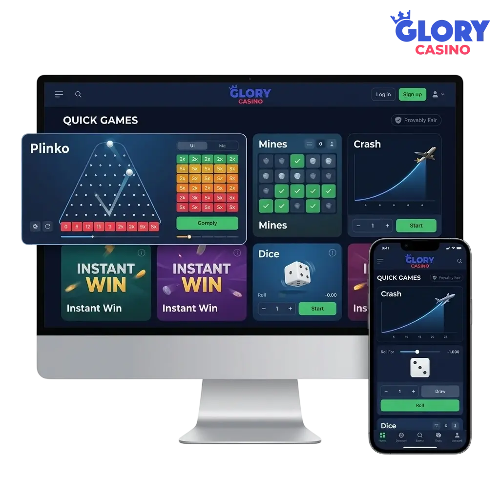 Quick games lobby at Glory Casino showing Aviator and other instant-round titles