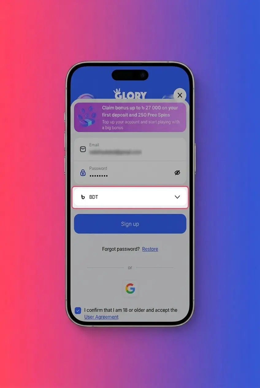 Glory Casino registration form showing step-by-step sign-up process with email, phone, and social account options