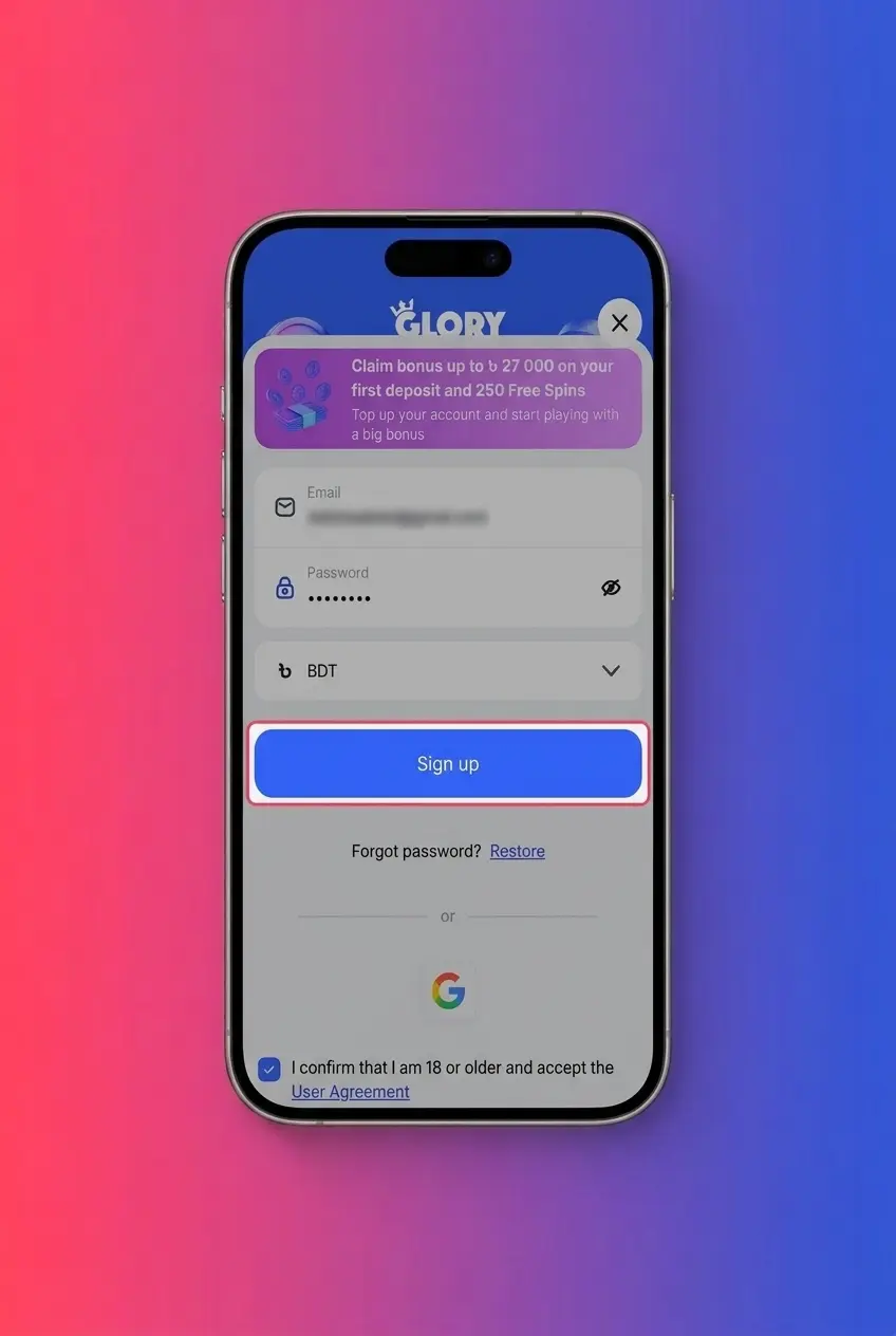 Step-by-step Glory Casino registration form showing sign-up options including email, phone, Google, and Telegram for new players