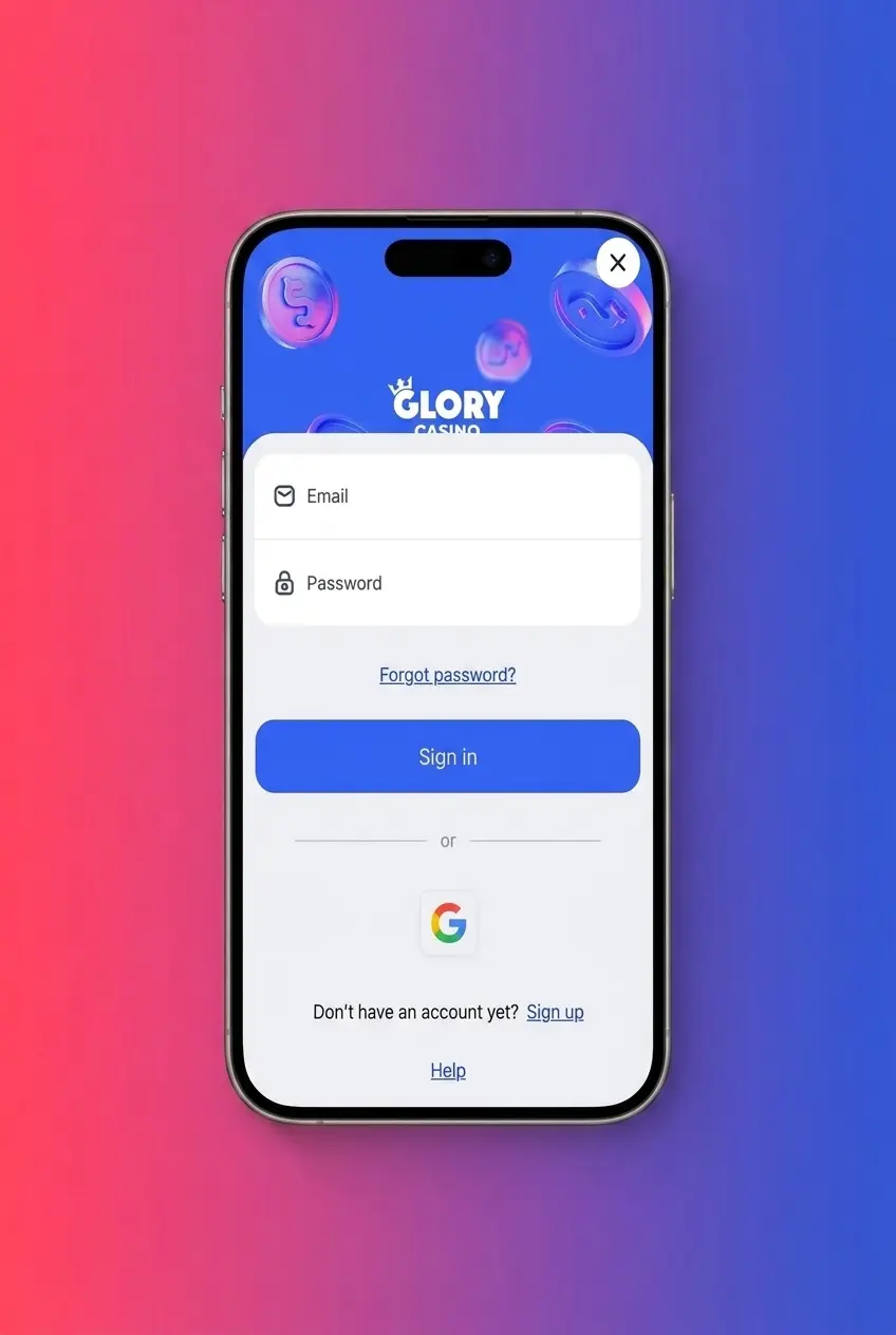 Step-by-step Glory Casino registration form showing email, phone, or social account sign-up options with BDT currency selection