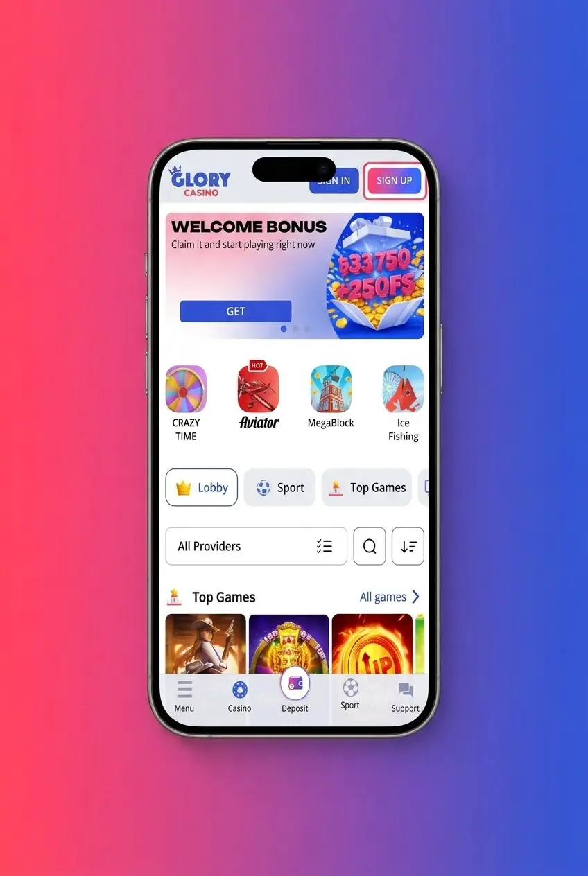 Glory Casino registration form step-by-step signup process showing email mobile and social account options with BDT currency