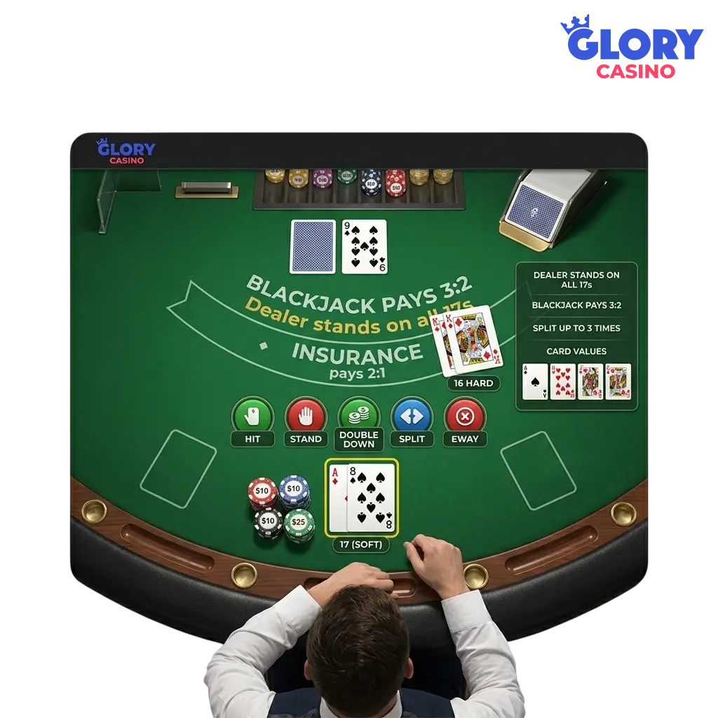 Blackjack table with cards and chips at Glory Casino