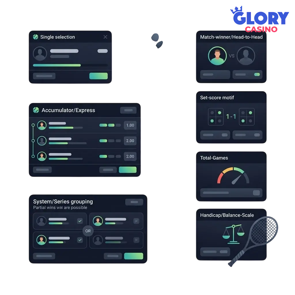 Tennis betting markets and bet types at Glory Casino