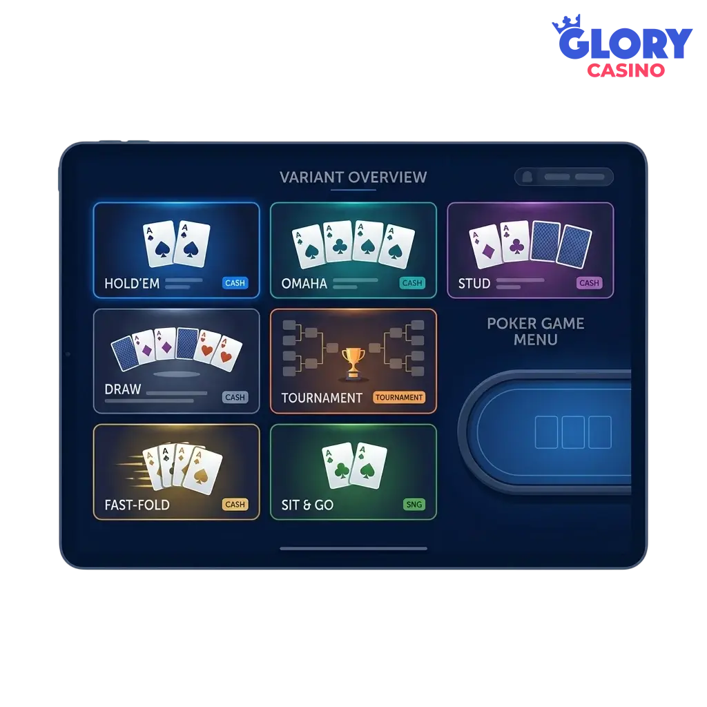 Poker game variants available in Glory Casino lobby